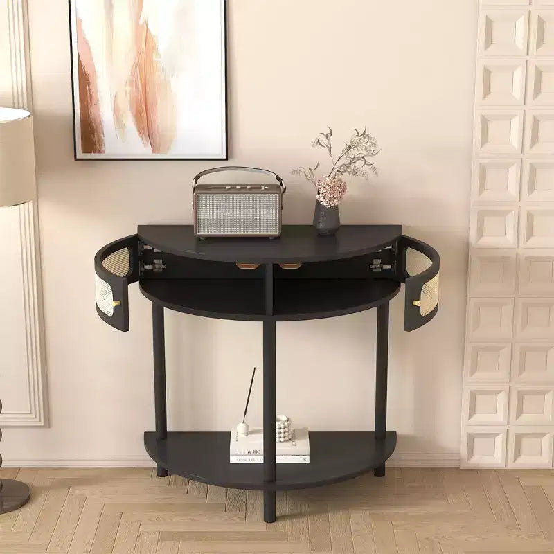 Table d'appoint demi-lune avec porte coulissante en rotin, console d'entrée semi-circulaire