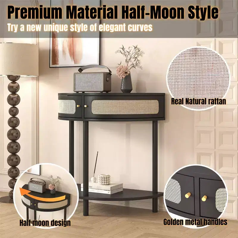 Table d'appoint demi-lune avec porte coulissante en rotin, console d'entrée semi-circulaire