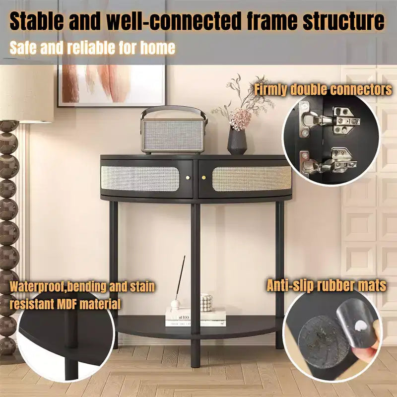 Table d'appoint demi-lune avec porte coulissante en rotin, console d'entrée semi-circulaire