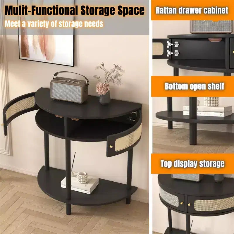 Table d'appoint demi-lune avec porte coulissante en rotin, console d'entrée semi-circulaire
