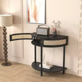 Table d'appoint demi-lune avec porte coulissante en rotin, console d'entrée semi-circulaire