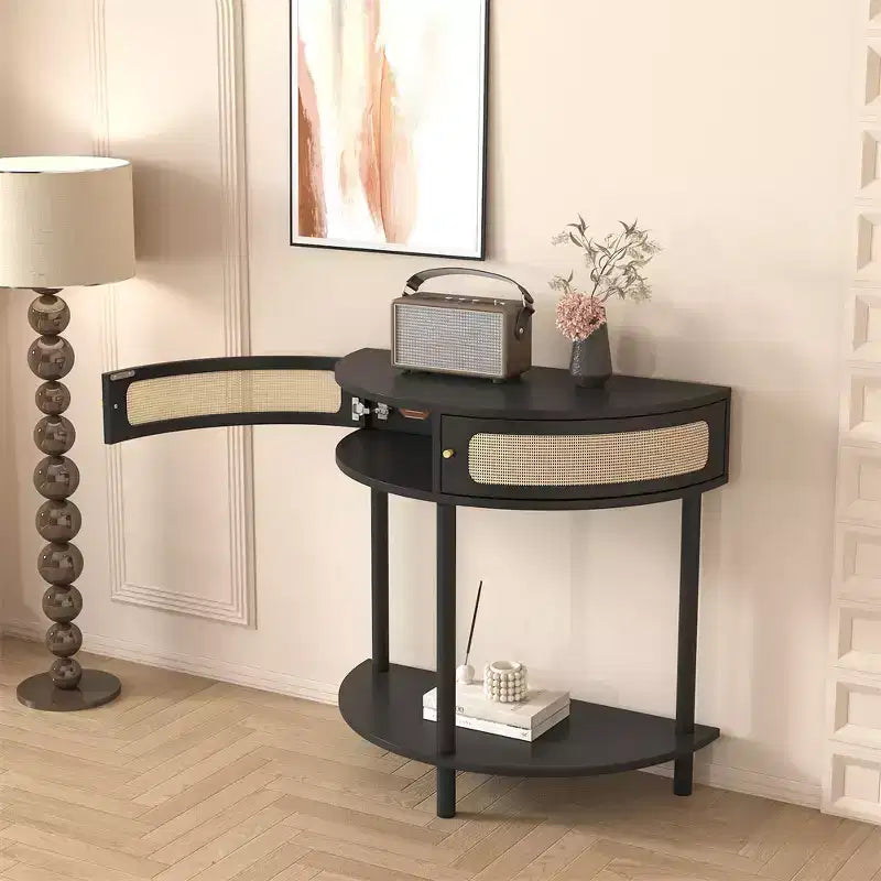 Table d'appoint demi-lune avec porte coulissante en rotin, console d'entrée semi-circulaire