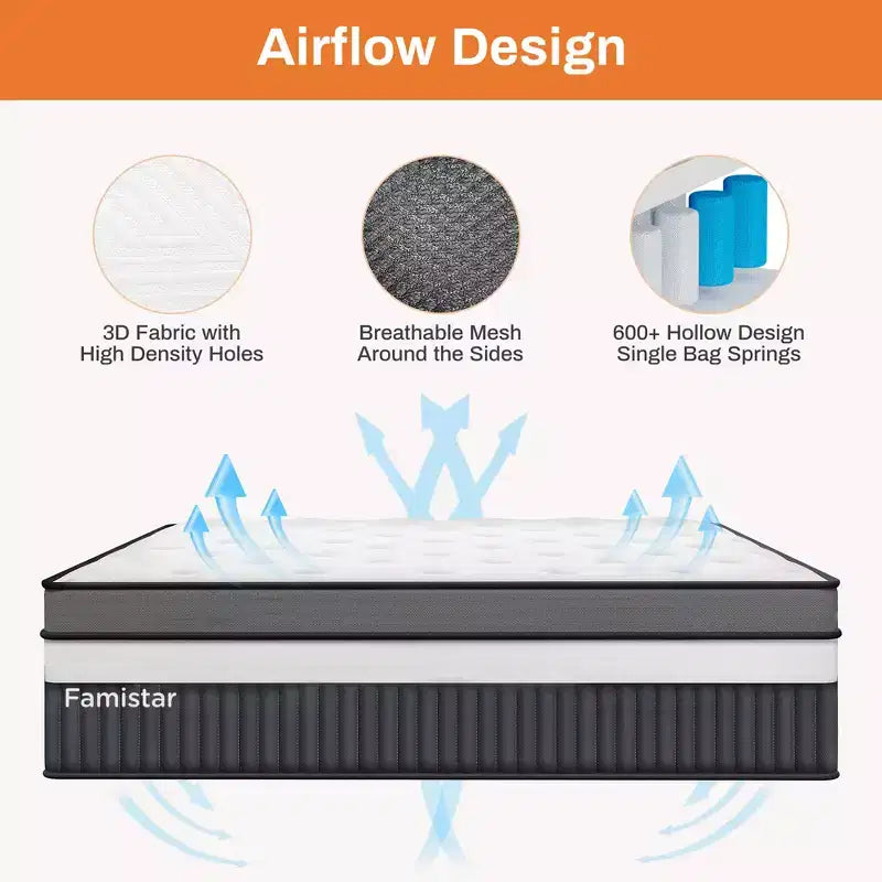 Matelas hybride à ressorts ensachés silencieux en mousse à mémoire de forme King Size (livré roulé)