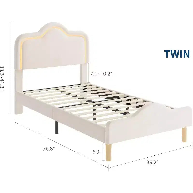 Lit plateforme princesse rembourré en velours avec tête et pied de lit encadrés