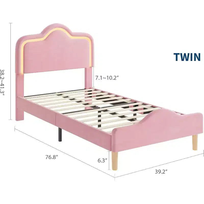 Lit plateforme princesse rembourré en velours avec tête et pied de lit encadrés