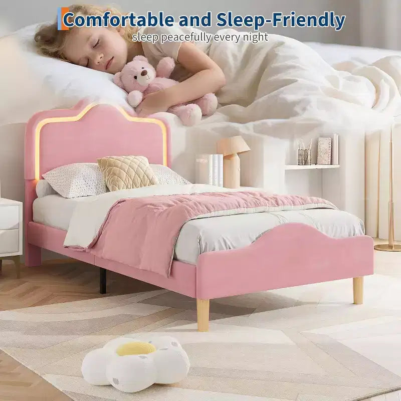 Lit plateforme princesse rembourré en velours avec tête et pied de lit encadrés