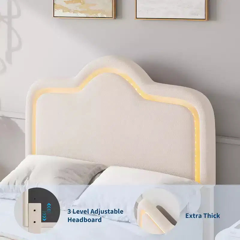 Lit plateforme princesse rembourré en velours avec tête et pied de lit encadrés