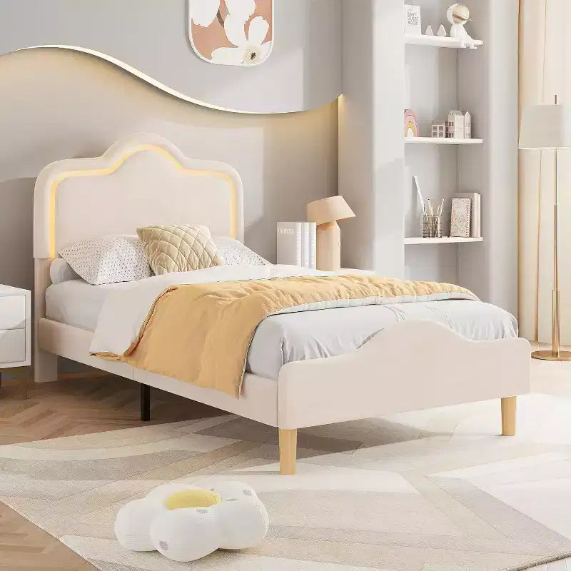 Twin Size Bed Frame Headboard and Footboard Velvet Upholstered Princess Platform Bedframe for Kids Wooden Slats Support No Box Spring Needed