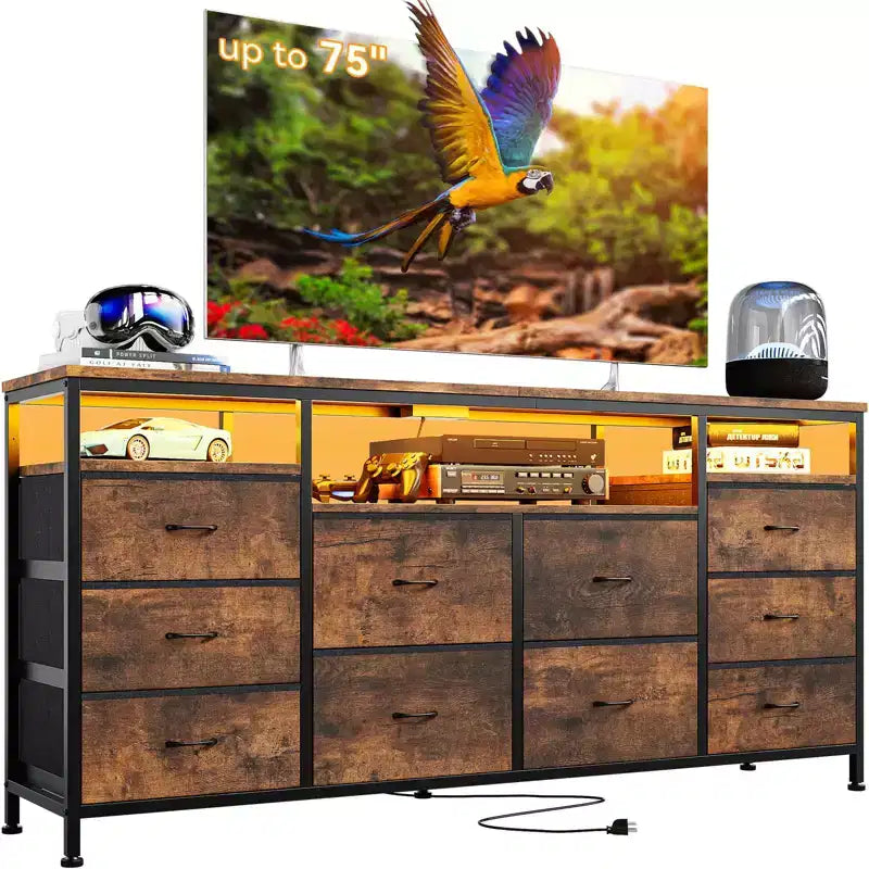 10 Drawer Dresser TV Stand for 75TV 63 W Long Fabric Entertainment Center Chest of Drawers Dresser for Bedroom with Led Lights & Power Outlets