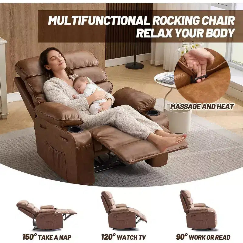 Fauteuil inclinable électrique en PU avec siège large, massage et chauffage