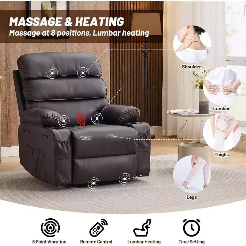 Fauteuil inclinable électrique en PU avec siège large, massage et chauffage