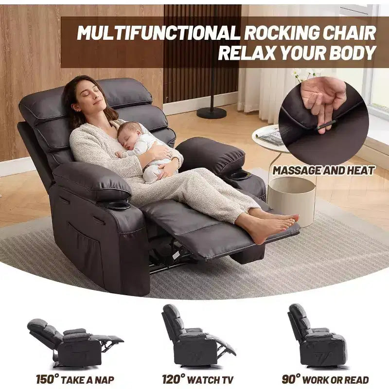 Fauteuil inclinable électrique en PU avec siège large, massage et chauffage