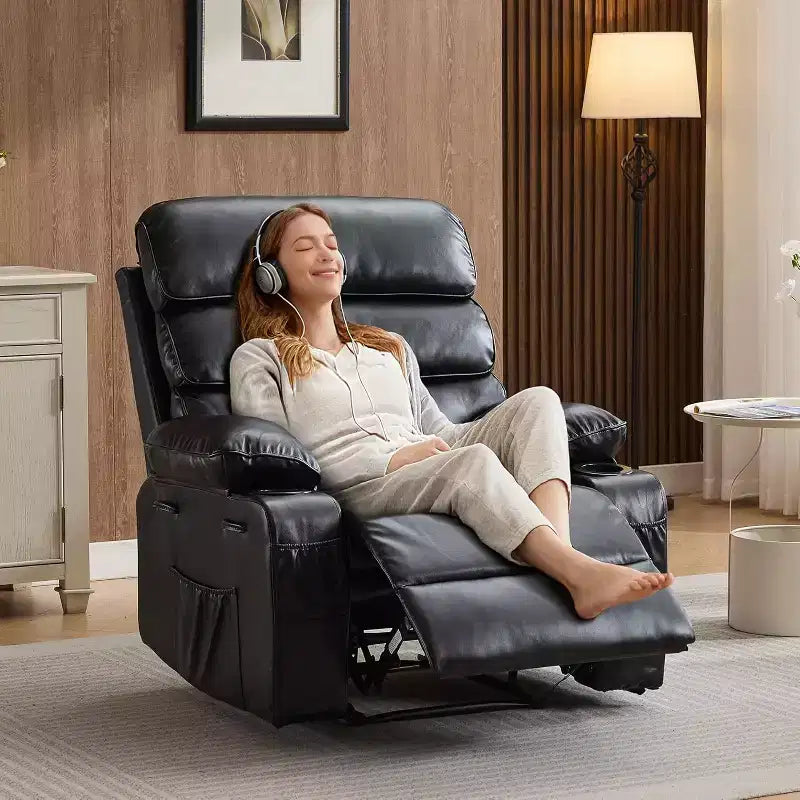 Fauteuil inclinable électrique en PU avec siège large, massage et chauffage