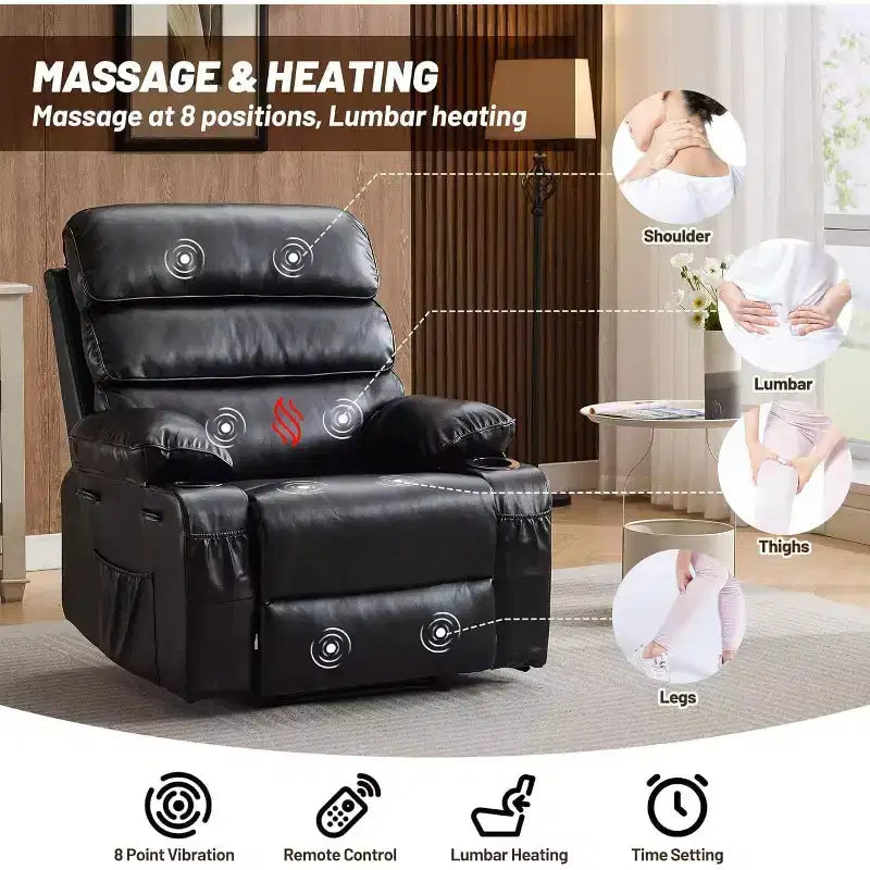 Fauteuil inclinable électrique en PU avec siège large, massage et chauffage