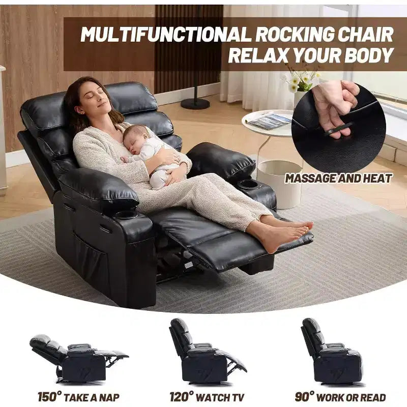 Fauteuil inclinable électrique en PU avec siège large, massage et chauffage