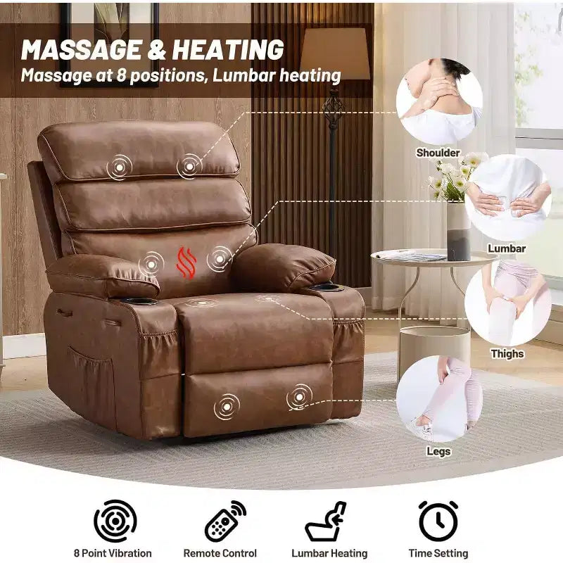 Fauteuil inclinable électrique en PU avec siège large, massage et chauffage