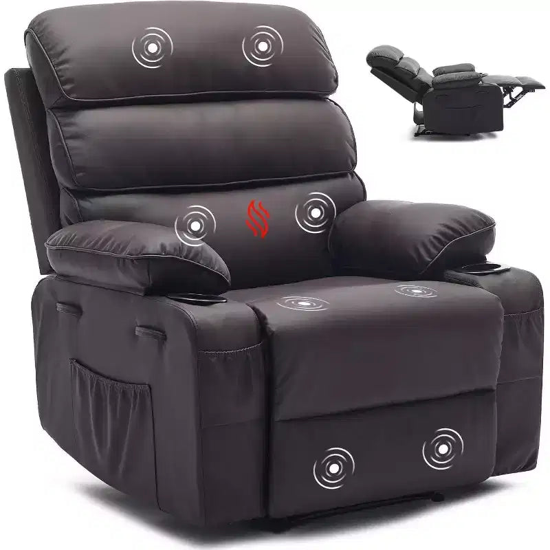 Fauteuil inclinable électrique en PU avec siège large, massage et chauffage