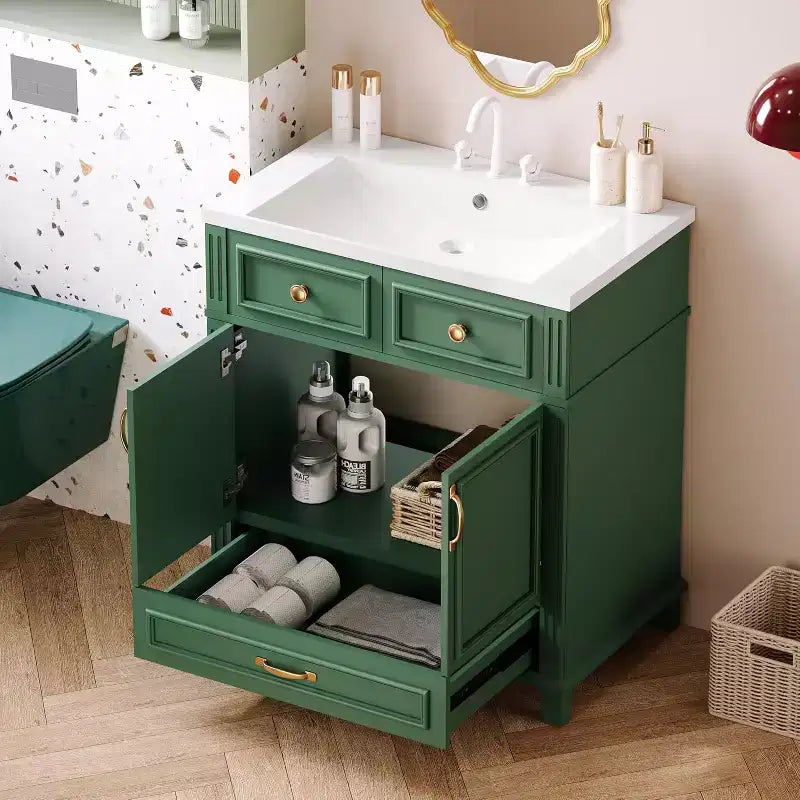 Meuble-lavabo blanc avec armoire de rangement et tiroir inférieur