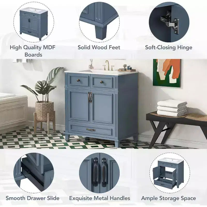 Meuble-lavabo blanc avec armoire de rangement et tiroir inférieur