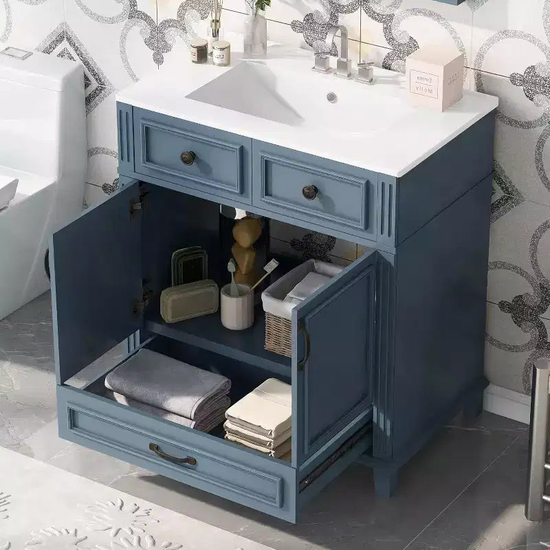 Meuble-lavabo blanc avec armoire de rangement et tiroir inférieur