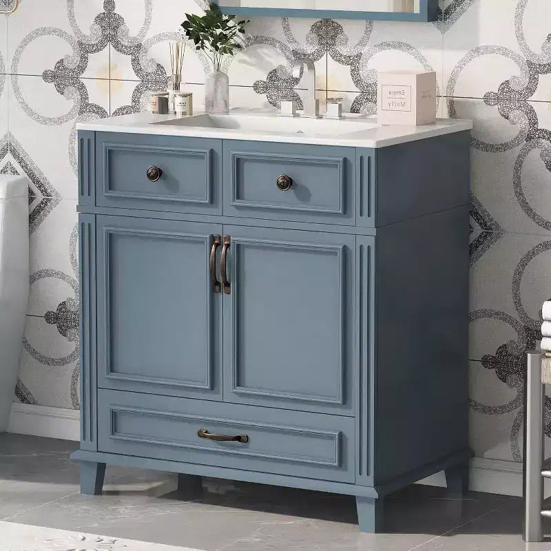 30 Inch White Bathroom Vanity with Sink 30 Sink Cabinet with Storage Cabinet & Bottom Drawer Solid Wood Frame Drop-in Countertop