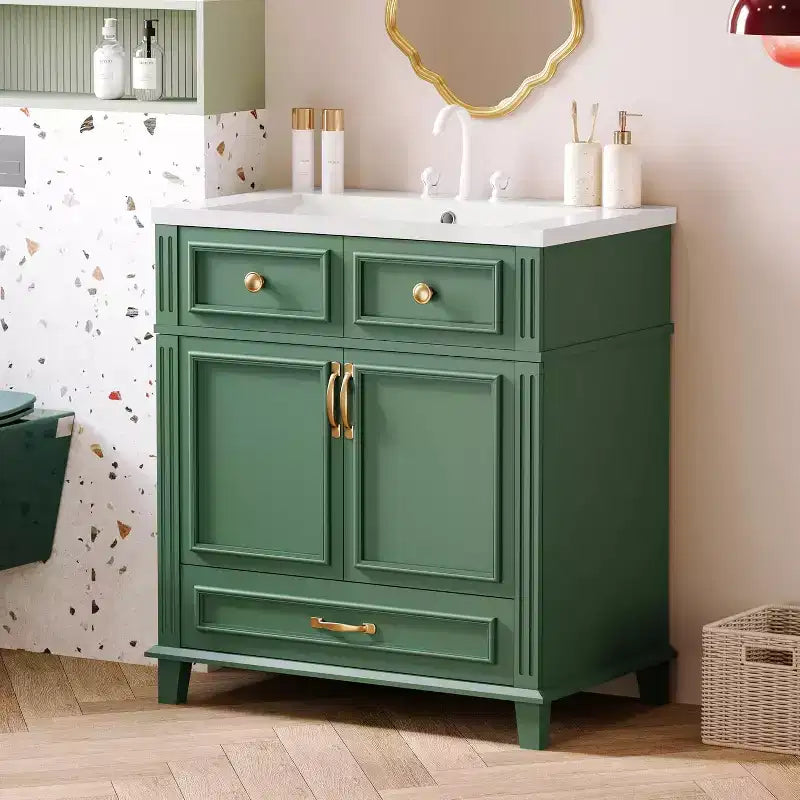 Meuble-lavabo blanc avec armoire de rangement et tiroir inférieur