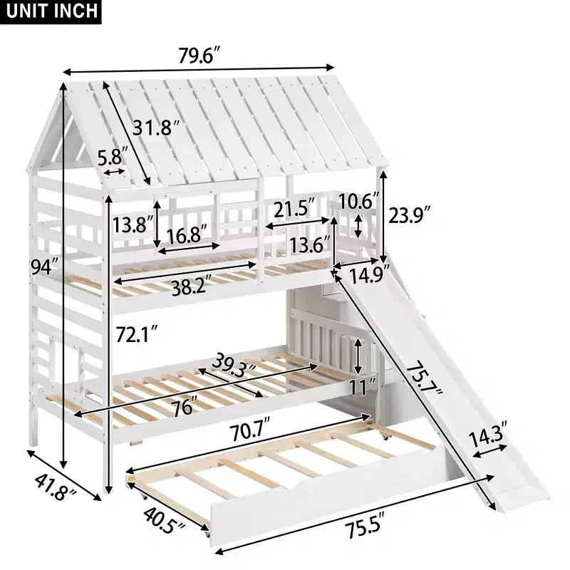 Lit superposé avec lit gigogne et escalier de rangement avec toboggan, toit et fenêtre