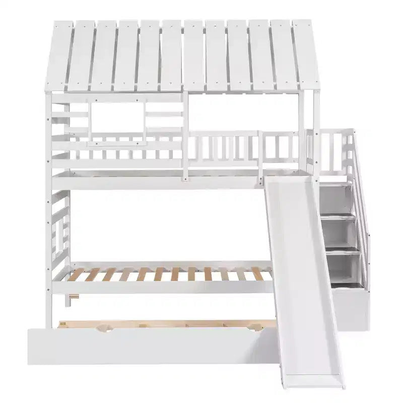 Lit superposé avec lit gigogne et escalier de rangement avec toboggan, toit et fenêtre