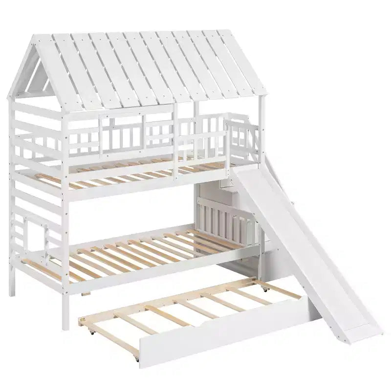 Lit superposé avec lit gigogne et escalier de rangement avec toboggan, toit et fenêtre