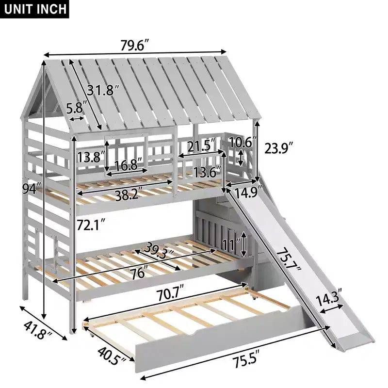 Lit superposé avec lit gigogne et escalier de rangement avec toboggan, toit et fenêtre