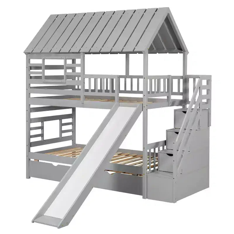 Lit superposé avec lit gigogne et escalier de rangement avec toboggan, toit et fenêtre