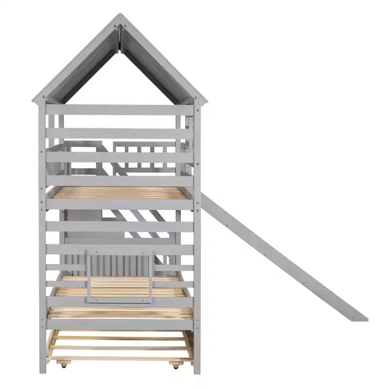 Lit superposé avec lit gigogne et escalier de rangement avec toboggan, toit et fenêtre