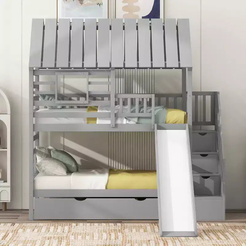 GDFStudio Wagner Wood House Bunk Bed with Trundle and Slide Storage Staircase Roof and Window Design