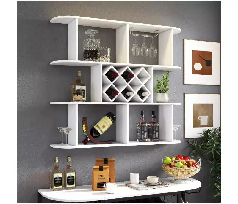Porte-bouteilles mural rustique gris à 3 niveaux avec porte-verres