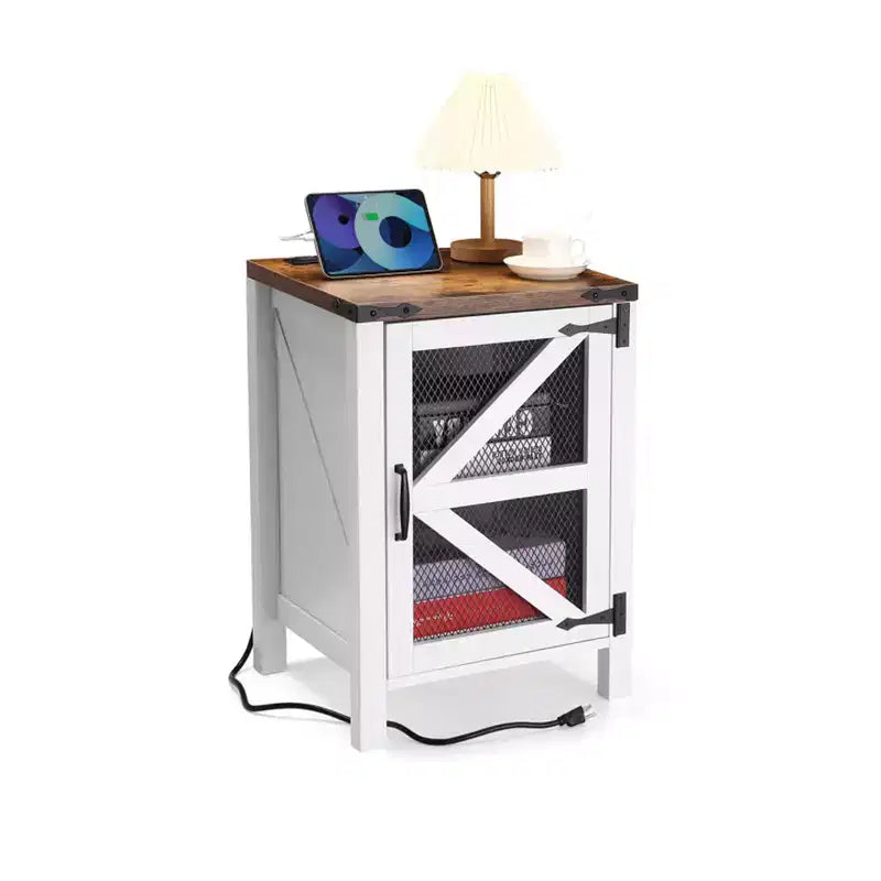 Farmhouse Nightstand with Charging Station Wood Side Table End Table with Adjustable Shelf Rustic Bedside Cabinet with Mesh Barn Door