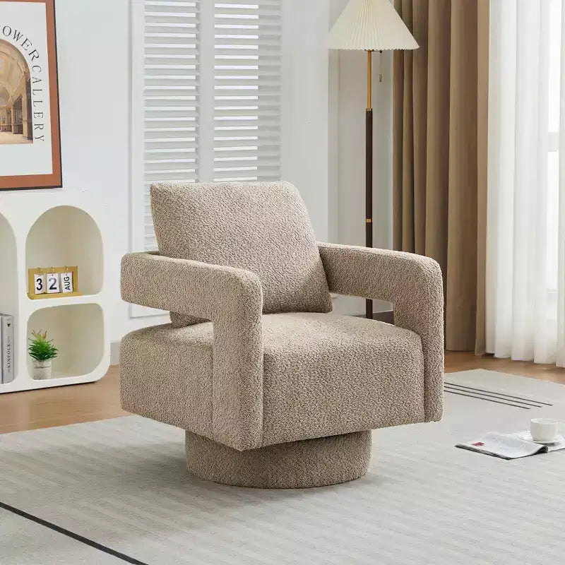 Fauteuil d'appoint carré pivotant moderne en tissu bouclette avec dossier ouvert