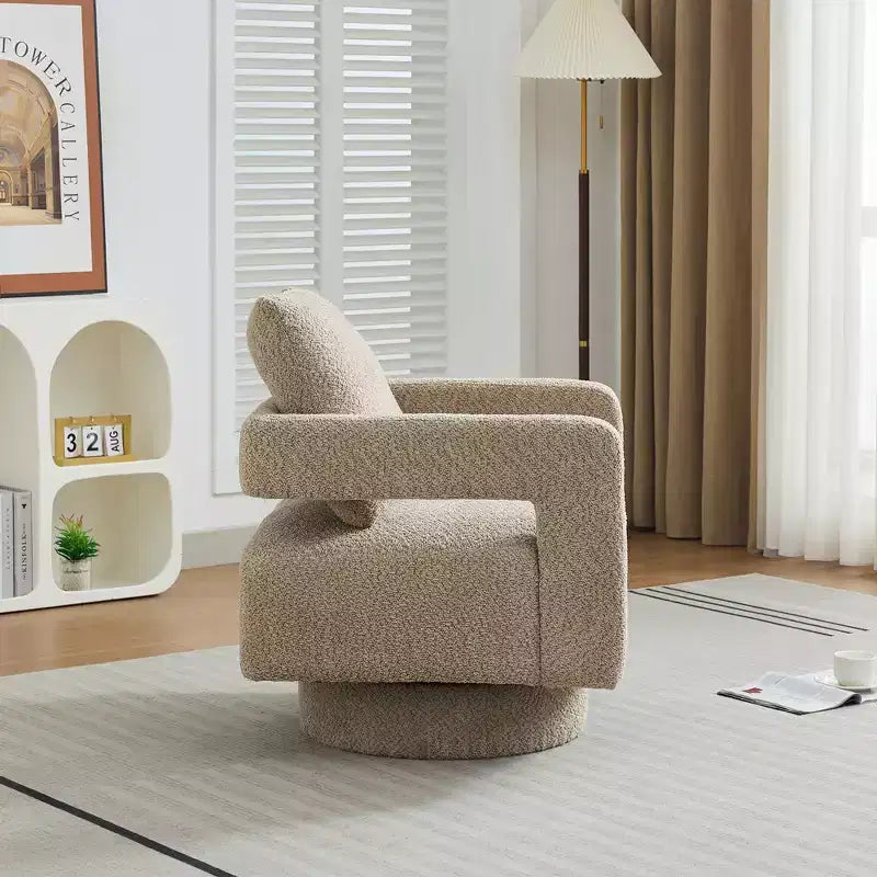Fauteuil d'appoint carré pivotant moderne en tissu bouclette avec dossier ouvert