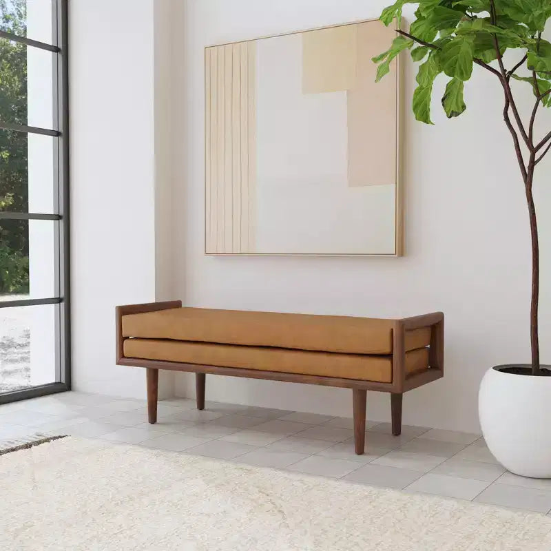 HomePop Wood Bench with Upholstered Seat Faux Leather Caramel: Rectangle Ottoman Entryway Seating Polyester & Viscose